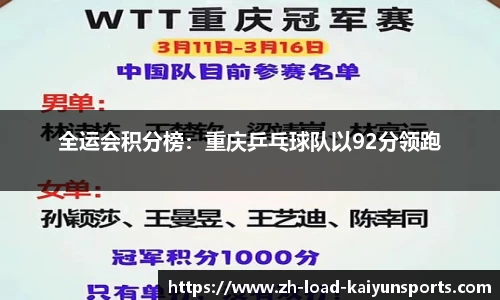 全运会积分榜：重庆乒乓球队以92分领跑